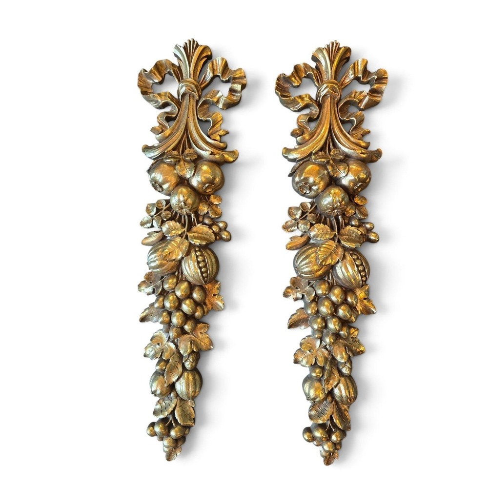 2 Syroco Wood gold hanging Fruit & Bow Wall Panels Hollywood Regency pair vtg